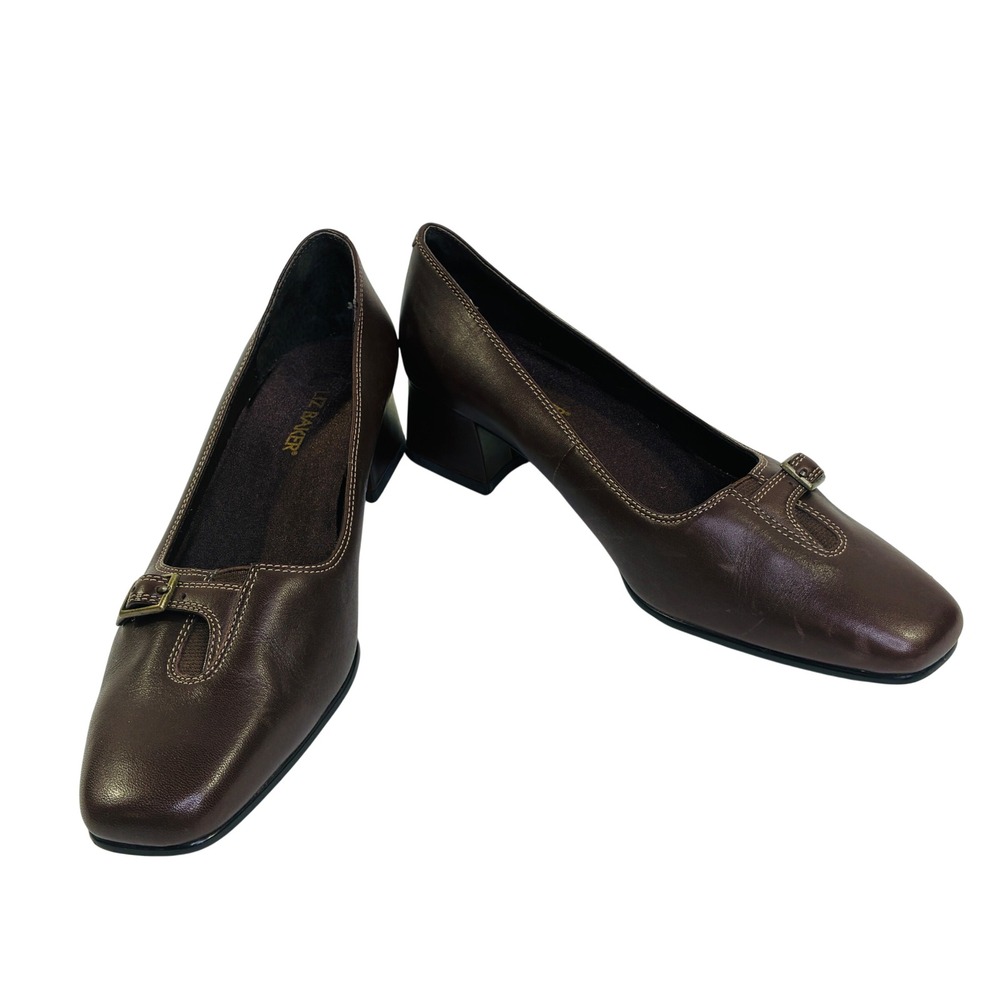 Liz Baker Brown Leather Square Toe Block Heel Buckle Pumps Womens 5.5 M